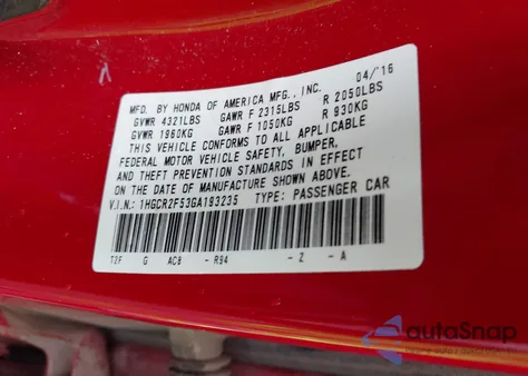 2016 Honda Accord Sport из США, поврежденный, VIN 1HGCR2F53GA193235